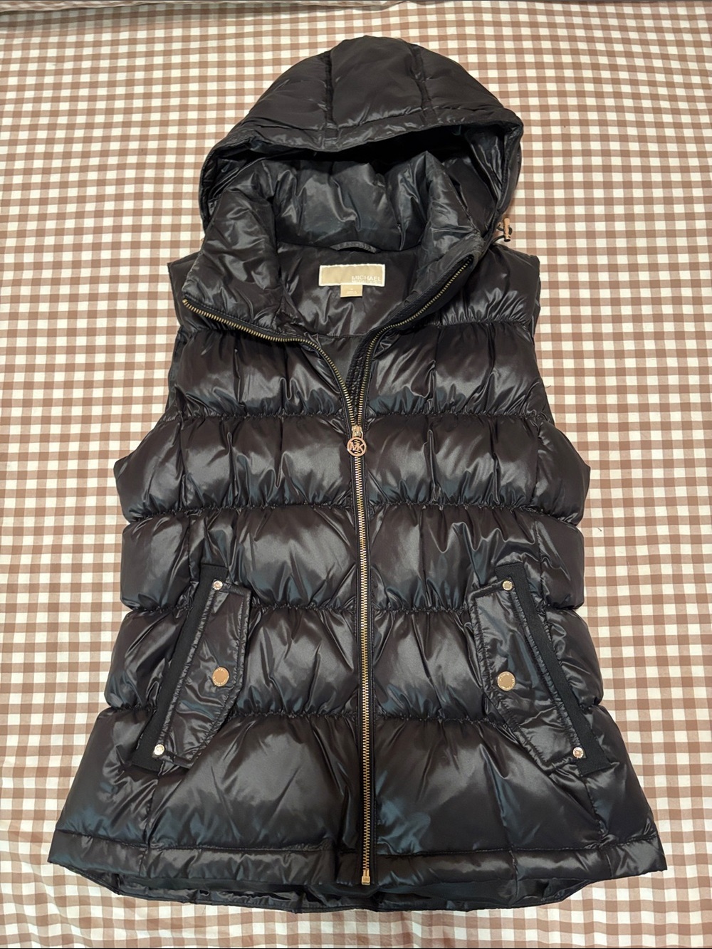 Michael Kors Black Quilted Hooded Puffer Vest with Gold Hardware